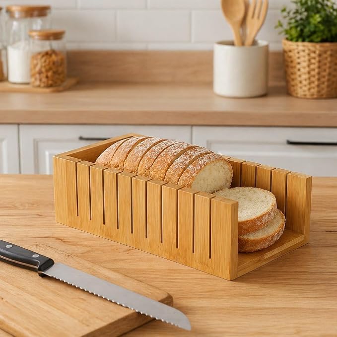 S V Wooden Bread Slicer Cutting Guide Box – Premium Bamboo Loaf Slicing Tool for Even and Uniform Slices, Durable and Easy to Use Bread Cutting Holder