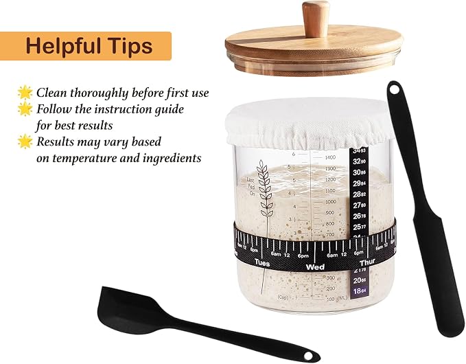 Premium Sourdough Starter Jar Kit - 50oz Large Wide Mouth Glass Jar with Bamboo Lid,Cloth Cover, Date Tracker, Thermometer, Silicone Non-Slip Mat & Scraper, Sourdough Bread Baking Supplies