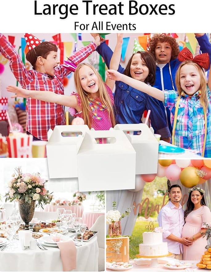 Happyhiram 30 CT Large Welcome Boxes with Handles White, 9x6x6 Gable Gift Easter Boxes Cardboard Paper Party Favor Boxes Barn Style Carry Out Box Recyclable Paper Gift Packaging Boxes for Food Box Lunch Cookies Donuts Baby Shower Bridal Shower Wedding