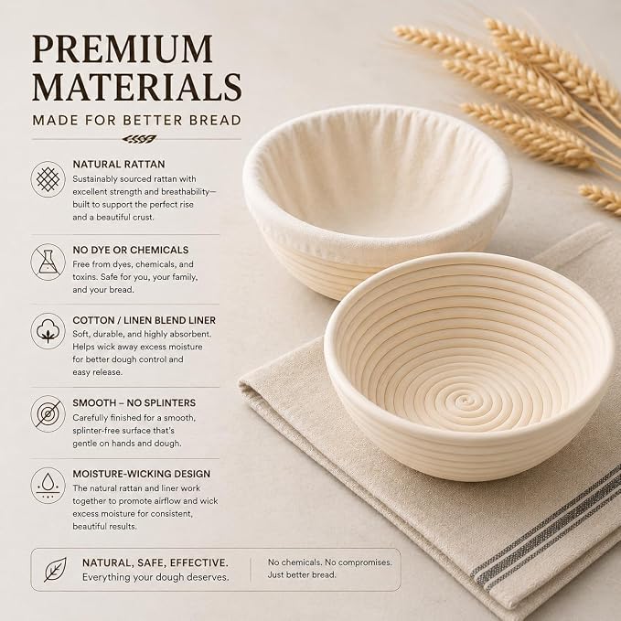 Saint Germain Bakery Premium Sourdough Proofing Basket Set – 9 Inch Round & Oval Banneton Baskets with Linen Liners, Natural Rattan Dough Rising Baskets for Artisan Bread Baking