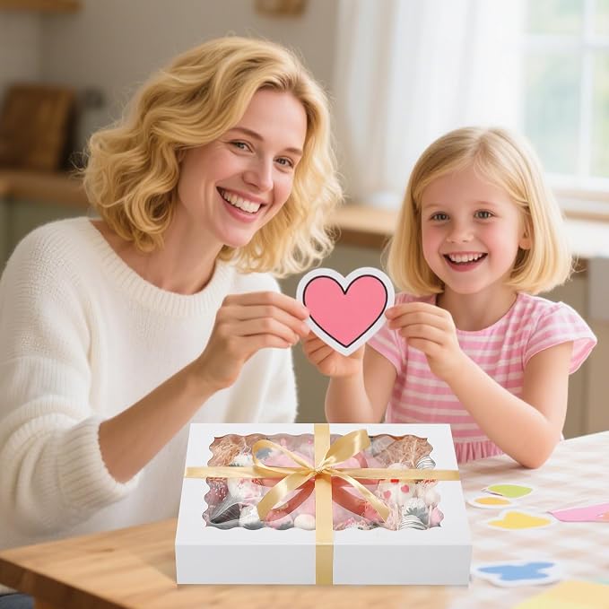 24 Pack Auto Pop-up Cookie Boxes with Window, 14x10x2.5 Inch White Bakery Boxes with Ribbon and Sticks for Treats, Chocolate Covered Strawberries, Cake Pops, Donuts, Pastries