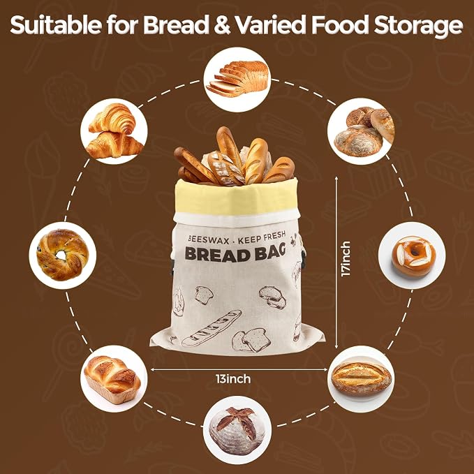 YARRAMATE Reusable Beeswax Bread Bags for Homemade Bread & Sourdough, 2 Pack XL 17x13in Linen Organic Bread Storage Bags for Loaf, Baguette, Bagels and Sandwich Bread, Freezer Safe, Brown
