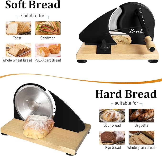 Brvclon Manual Bread Slicer for Homemade Sourdough,Adjustable Thickness,Hand Crank Bread Slicer with Stainless Steel Blade, Aluminum Alloy Frame & Solid Wood Base with Natural Wood Veneer Finish