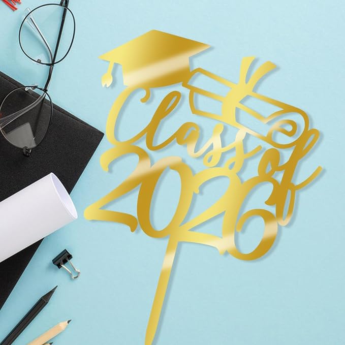 Gold Class of 2026 Congrats Grad Cake Topper Glitter Graduation Party Supplies - High School College Graduates -College Graduate Cake Topper Decorations (Class of 2026 Acrylic gold)