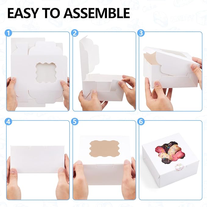 20 Pack Cookie Boxes with Window, 6x6x3 Inches White Bakery Boxes for Treats, Pastries, Desserts & Chocolate Strawberries, Baked Goods Packaging for Holiday Gift Giving