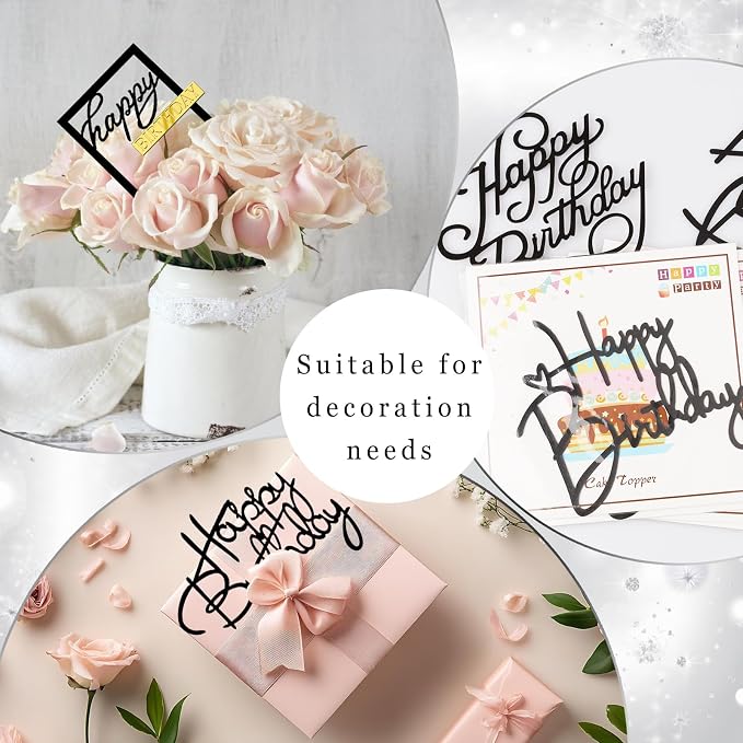 Wootkey 10 PCS Black Happy Birthday Cake Topper Mirror Acrylic Cupcake Toppers Double-Sided Happy Birthday Sign for Cake Side Cupcake DIY Birthday Gift Flower Bouquet Decor