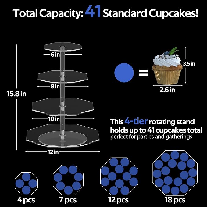 4-Tier Rotating Cupcake Stand, Clear Acrylic 360° Spinning Dessert Display Tower for Cakes & Pastries, Serving Stand for Weddings, Birthdays, Parties-Polygon