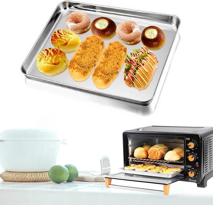 TeamFar Baking Sheet Cookie Sheet Set of 2, Pure Stainless Steel Baking Pan Tray Professional, Non Toxic & Healthy, Mirror Finish & Rust Free, Easy Clean & Dishwasher Safe