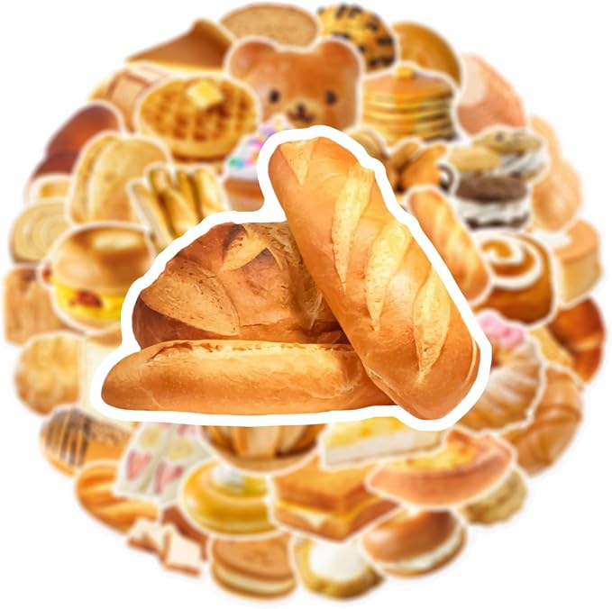50pcs Cute Bread Stickers Food Stickers, Waterproof Scrapbook Aesthetic Sticker for Water Bottles Computer Laptop Scrapbook Daily Planner Junk Bullet Journaling Decorative Supplies