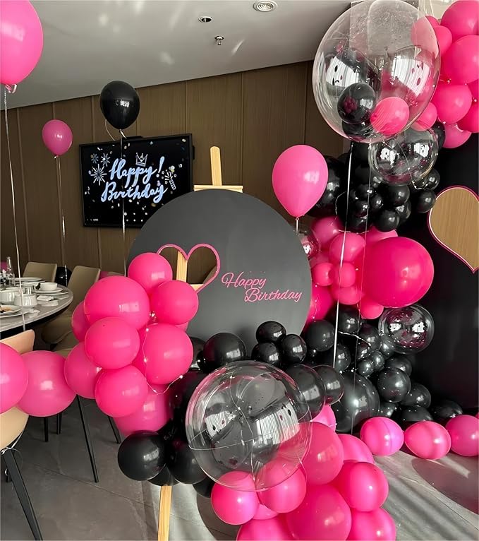136pcs Hot Pink Black Balloon Arch Kit with Clear Balloons - 18/12/10/5 Inch Gothic Garland for Women's Birthday, Valentine's Day, Class of 2025 Party Decor
