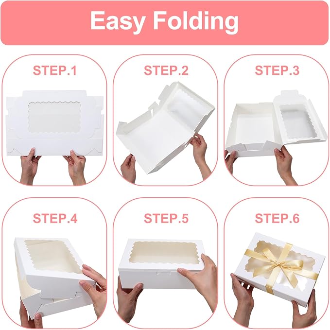 36 Pack Cookie Boxes with Window, 12.5x5.5x2.5 Inches Bakery Boxes with Ribbon and Sticks, Treat Box for Chocolate Covered Strawberries, Hot Cocoa Bombs, Pastries, Donuts, Muffins