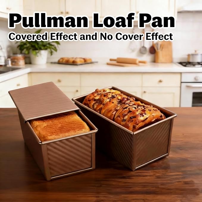 Pullman Loaf Pan with Lid, 1 LB Dough Capacity Non-Stick Bakeware, Bread Slicer for Homemade Bread, Carbon Steel Corrugated Gold Bread Toast Box Mold with Cover