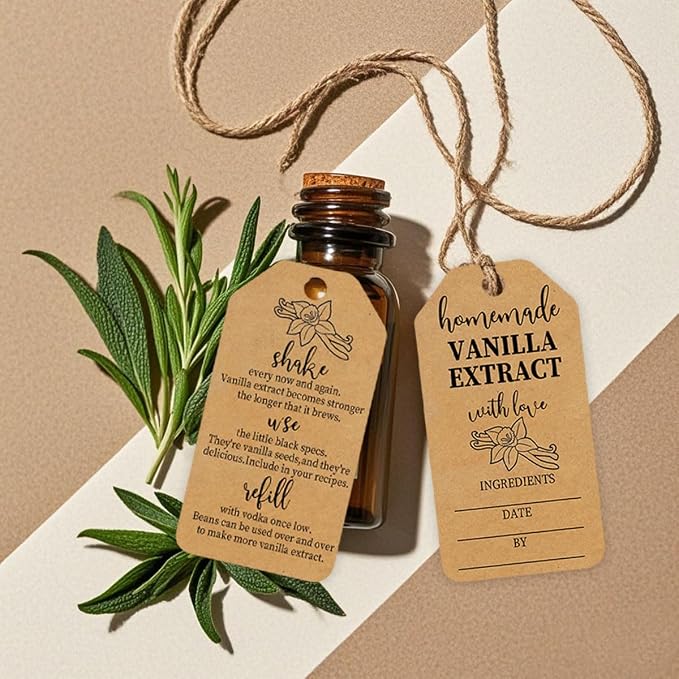 50PCS Kraft Vanilla Extract Labels Homemade Vanilla Extract Tags with Instructions for Gifting & Refilling Handcrafted Vanilla Bottles,Kitchen Pantry,Jar,2.6 * 1.3 in
