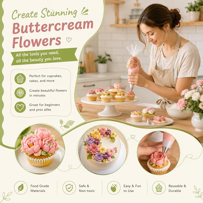 7 Pcs Large Russian Piping Tips Set, Seamless Stainless Steel Flower Frosting Nozzles, One-Press Cake Decorating Tips for Buttercream, Cupcakes, Cookies – Complete Flower Shape Kit