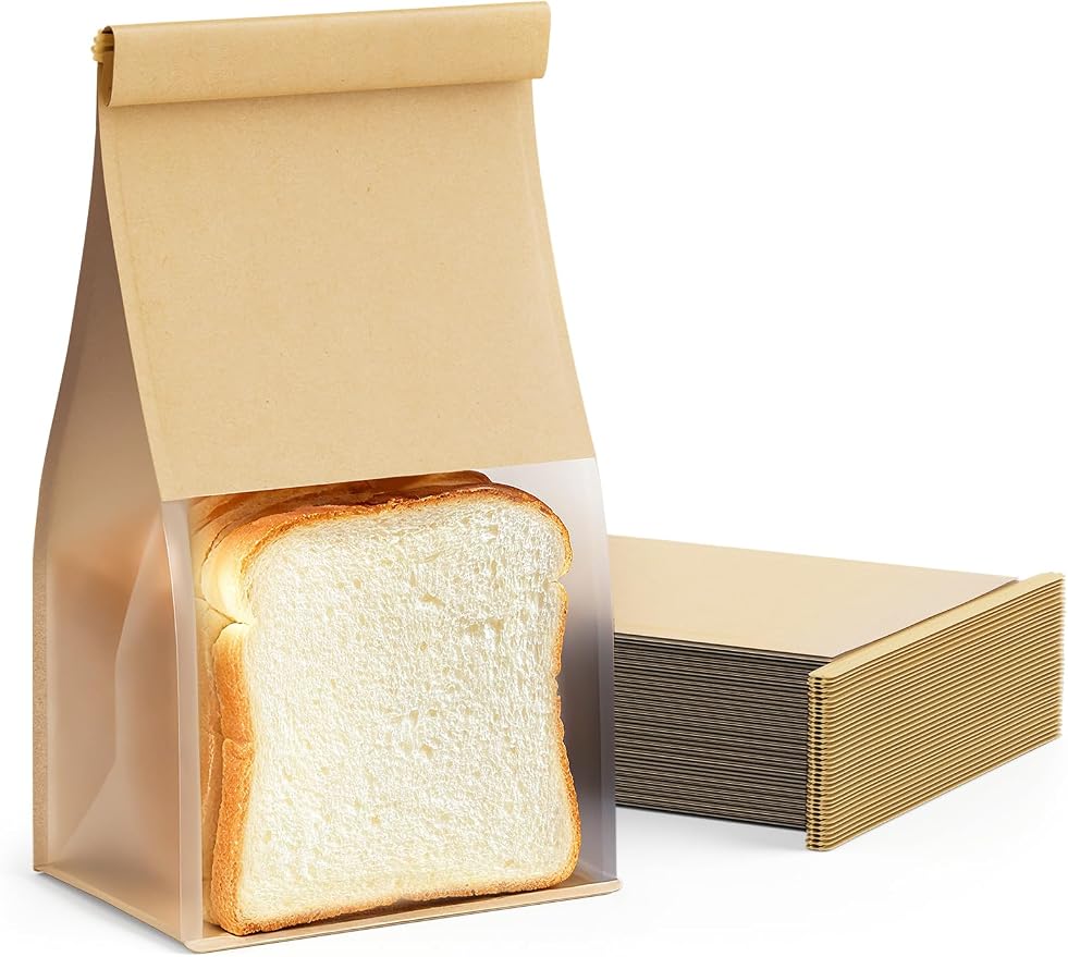 FireKylin Bread Cookie Bags with Window & Tin Tie 5.1x3.9x11.0 (50,Medium) | Food Safe Brown Paper, Clear Window, Reusable Tin Tie, for Homemade Bread, Cookies, Muffins, Pastry, Candy, Party Favor