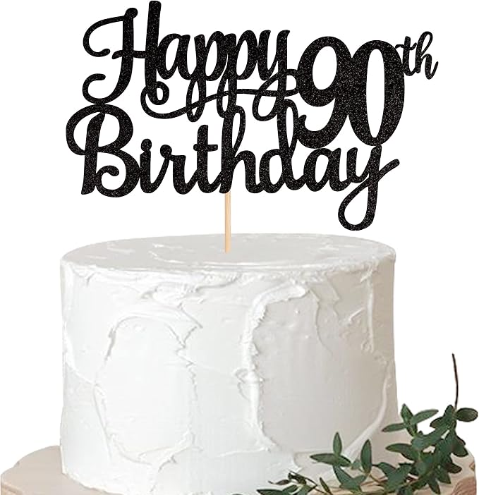 1 PCS Happy 90th Birthday Cake Topper Glitter Cheers to 90 Years Birthday Cake Pick 90 Fabulous Cake Decoration for Happy 90th Birthday Theme Party Decorations Supplies Black