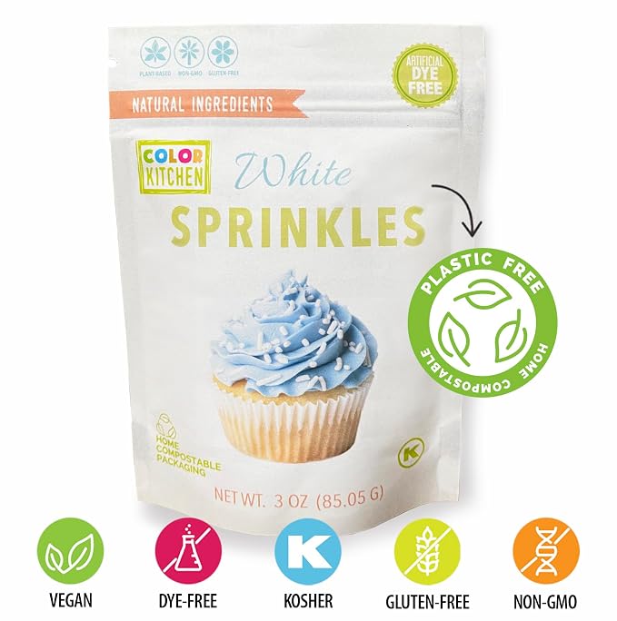 Color Kitchen White Cake Sprinkles, Natural Baking Decorations for Cookies and Ice Cream, Artificial Dye Free, Plant Based, Gluten Free, Non GMO, Soy Free, Kosher, No Hydrogenated Oils - 3 Oz