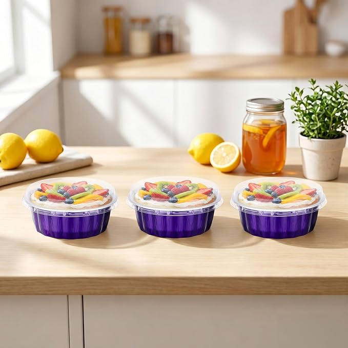 Beasea Disposable Ramekins with Lids, 120 Pack 8 oz 4 Inch Mini Aluminum Foil Creme Brulee Baking Cups Small Round Cupcake Muffin Tins Baking Cups Individual Containers for Party - Violet Purple