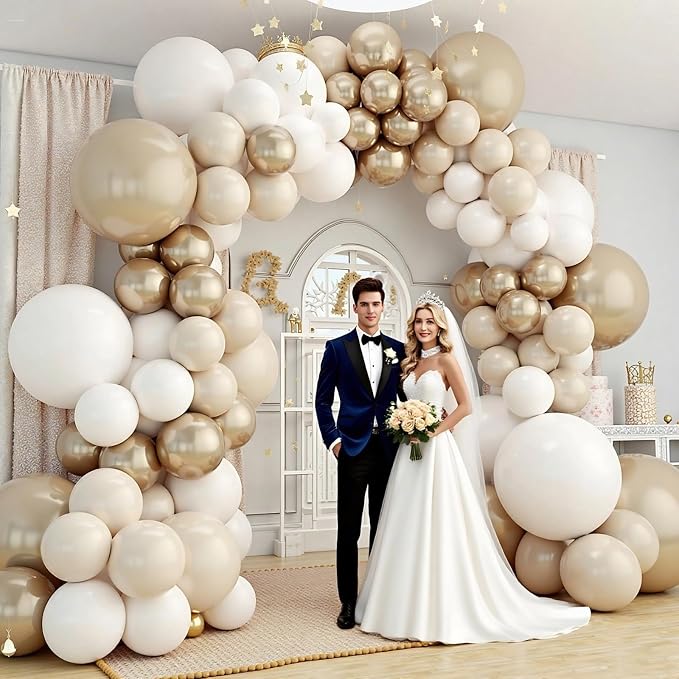 412Pcs White Sand Champagne Gold Balloon Arch Kit, Metallic Champagne Gold Neutral Balloons Garland for Boho Wedding Baby Shower Bridal Shower Engagement Anniversary Decorations