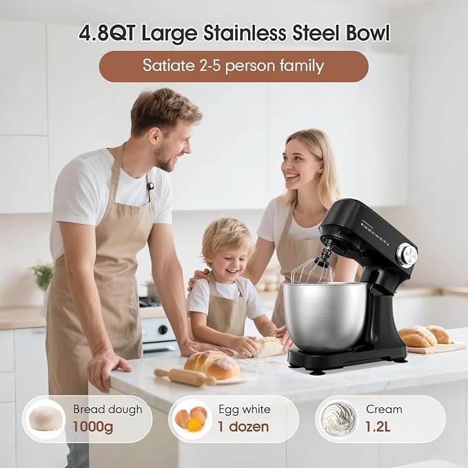 Stand Mixer 4.8 Qt Electric Food Mixer 12 Speeds Portable Lightweight Kitchen Mixer For Daily Use With Egg Whisk, Dough Hook, Flat Beater