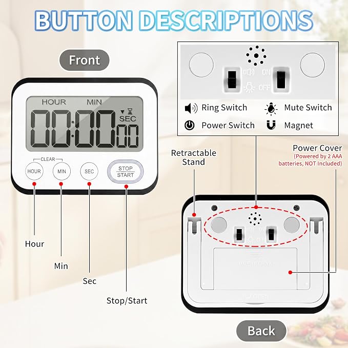 Digital Kitchen Timer Magnetic Loud Alarm & Silent Flashing, Large LCD Display Countdown Clock for Cooking, Classroom, Teachers, Kids, Study, Workout, Black