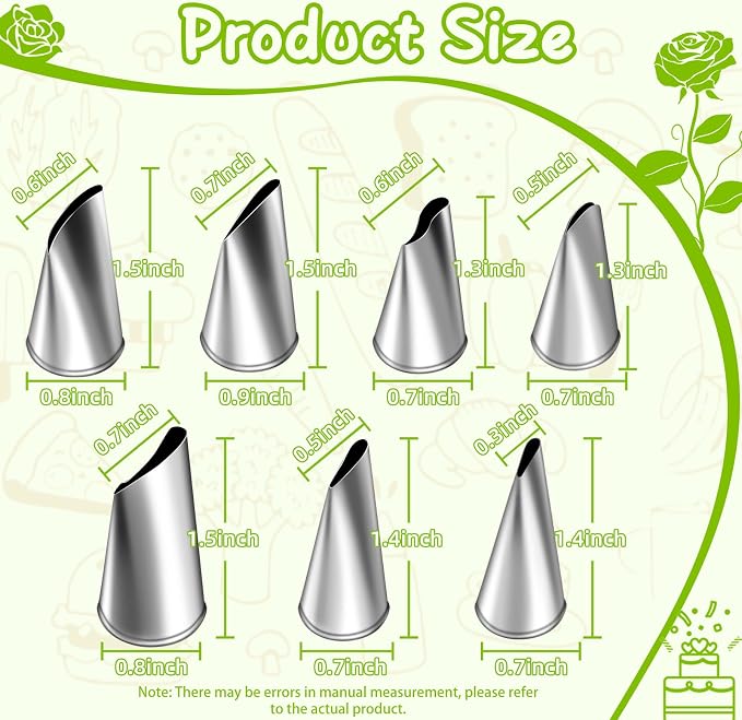 Suuker Fondant Rose Piping Tips Set, 7 Pieces | Stainless Steel, Silver, Cake Decorating, Baking Supplies