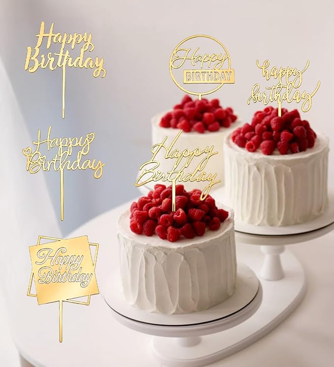 6-Pack Gold Happy Birthday Cake Toppers, 5" x 6.5" Acrylic Happy Birthday Sign for Cake Decorations