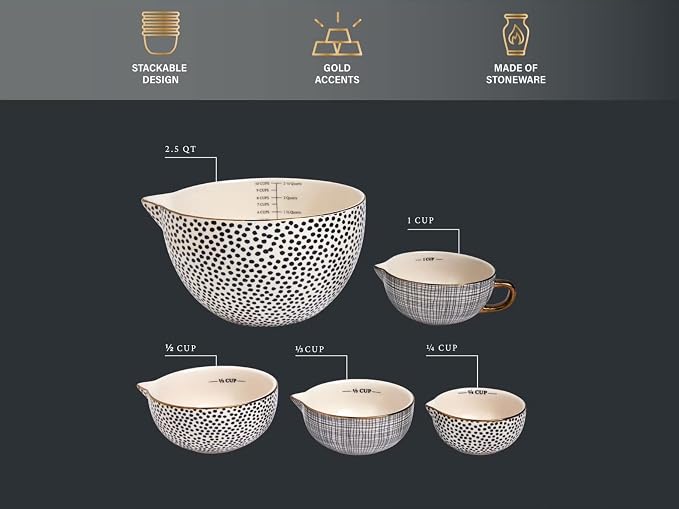 Ceramic Mixing Bowl Set – 5-Piece Measuring & Serving Bowls with Large Mixing Bowl, 1/4 to 1 Cup Measures, Geometric Dot Pattern for Baking, Cooking & Food Prep