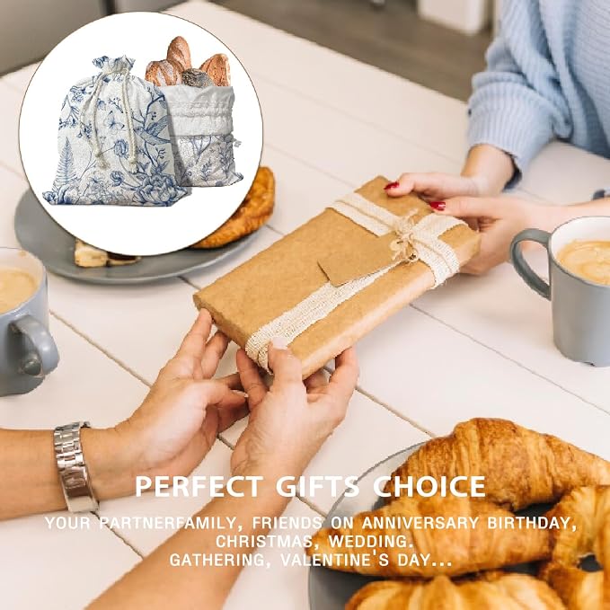 UTELKA Blue Linen Bread Bag for Sourdough Bread 2Pcs 16.5x12 | Chinoiserie Homemade Bread Bag, Baker Gifts, Reusable Linen Bag, Beeswax, Housewarming Gifts, Sourdough Bread Bag
