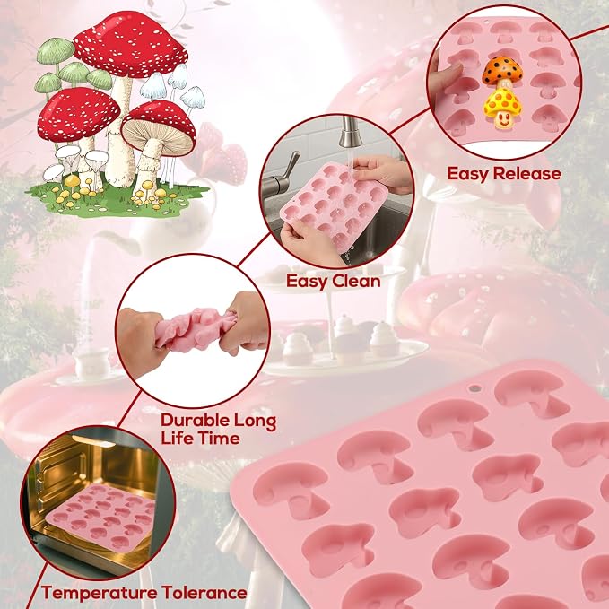 Palksky Mushroom Silicone Molds, 16 Cavity 2 Pack Mushroom Chocolate Mold, Gummy Candy Molds for Gummies Cookies Snacks Fondant Candy Cupcake Decor