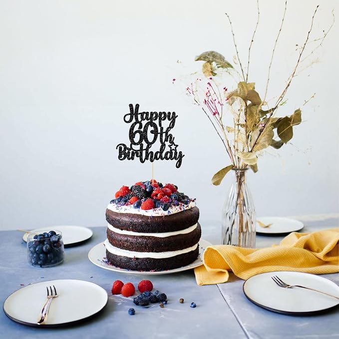 Gyufise 1 Pc Happy 60th Birthday Cake Topper, Black, Cheers to 60 Years Old, 60th Birthday Cake Pick, Non-Edible, 5.5" x 9.1"
