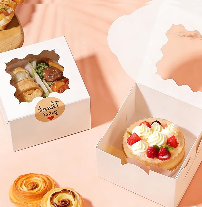 26 Pcs Cookie Boxes with Window, 4x4x2.5 Inches Small Cupcake Boxes, White Treat Boxes with 36pcs Stickers, for Cookie Dessert Pastry Donuts Strawberries Macaroon Candy Chocolate Cupcakes