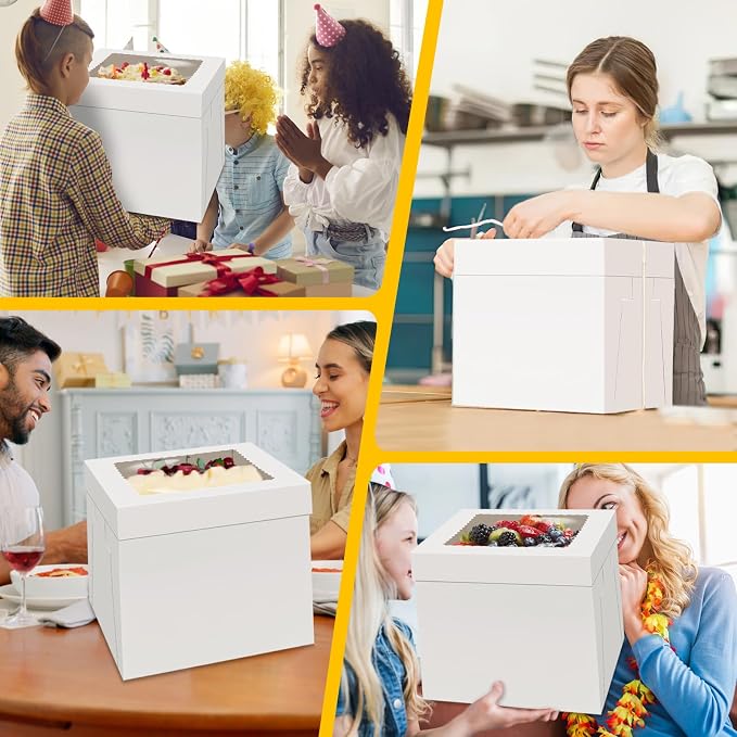 WINKIO 4 Pack Cake Boxes, Disposable Cake Transport Container, White Bakery Boxes with Large Window, for Cookies Pies Cupcakes Pastry (12×12×12)