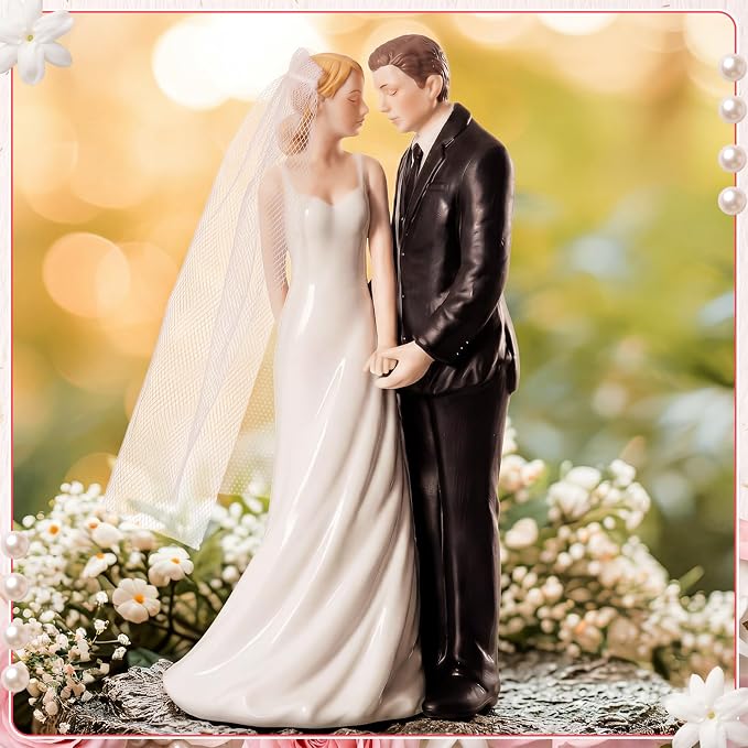 Remerry 4.5" Wedding Bride and Groom Cake Topper Vintage Elegant Wedding Cake Topper Couple Figurine Novios Para Pastel for Engagement Romantic Funny Couple Statue Anniversary(Gentle Lean,White)