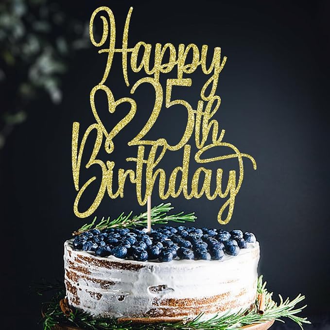 Gold Glitter Happy 25th Birthday Cake Topper - Cheers to 25 Years Cake Topper, 25 & Fabulous Cake Decoration for Hello 25th Birthday Anniversary Party Cake Decorations Supplies