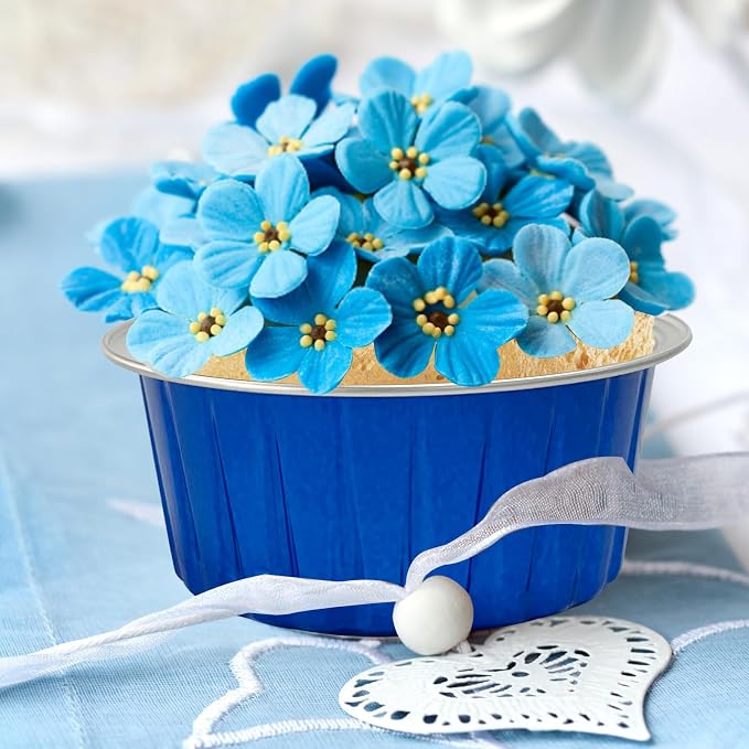 100Pcs Aluminum Cups with Lids,5oz Disposable Ramekin Baking Cups Muffin Liners Mini Pie Pans Foil Cupcake Containers for Christmas Party Wedding Party,Dark Blue