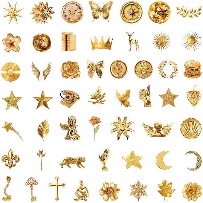 Luxury Gold Aesthetic Stickers, 50Pcs Vintage Golden Waterproof Vinyl Decals for Water Bottles, Laptop, Phone Case, Scrapbook, Journal - Retro Butterfly, Heart, Rose, Teens Adults(colourful-B14)