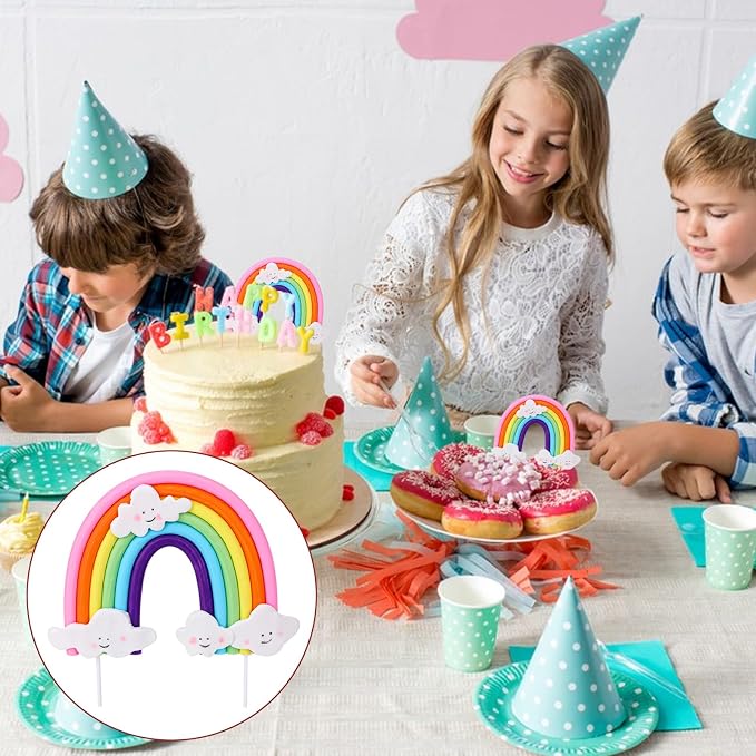 Soft Pottery Rainbow Cake Topper - Colorful Rainbow Theme Cake Decoration Supplies for Birthday Party and Wedding