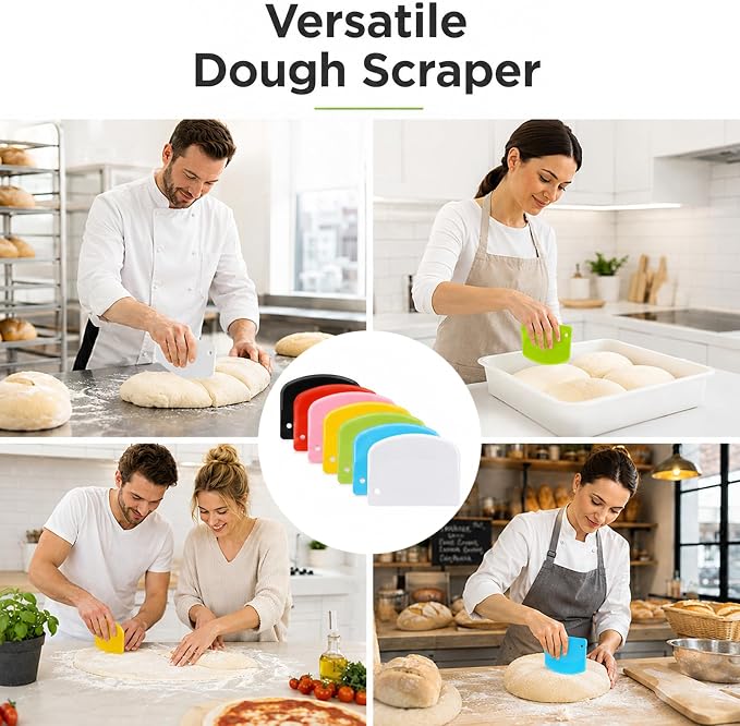 7-Pack Bench Scraper for Bread, Plastic Flexible Kitchen Dough Scraper Plastic BenchScraper for Bread Dough Cake Fondant Icing (White, Black, Yellow, Sky Blue, Green, Pink, Red)