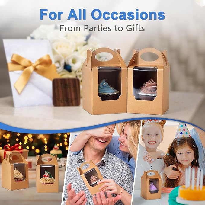 Cupcake Boxes 100 pcs, Individual Cupcake Carrier Brown with Window Insert and Handle Pastry Containers Single Muffins Container for Bakery Wrapping Party Favor Packing
