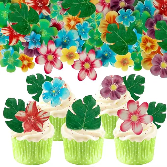 88 pieces of edible green leaf cake decorations, mixed leaf and flower cupcake decorations for Hawaiian themed festive wedding birthday party supplies.