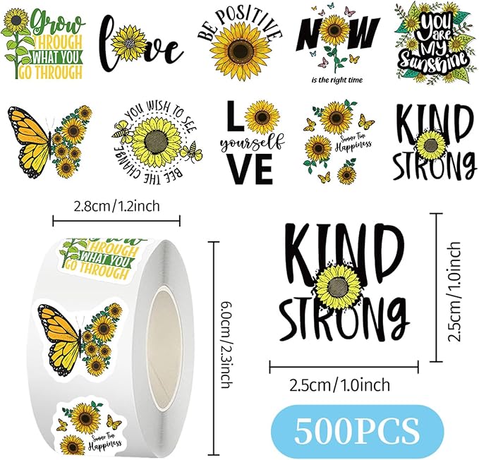 500PCS Sunflower Motivational Stickers Roll, Positive Quote Reward Labels Featuring Kind Strong Love Inspirational Designs for Teachers Students & Small Business Packaging