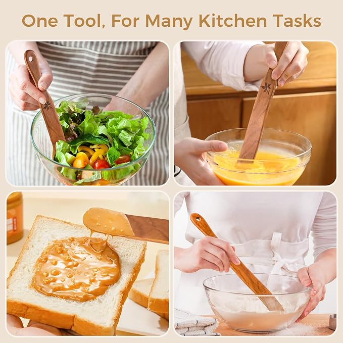 Spurtle for Sourdough Starter, Danish Dough Whisk and Jar Spatula, Solid Teak Wood for Mixing, Scraping Jars and Bread Making Tools, Wooden Kitchen Utensils for Non-Stick Cookware (2) (2 Pcs spurtle)