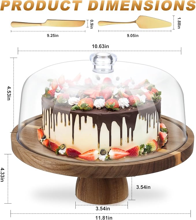 Acacia Wood Cake Stand with Lid, 12'' Round Cake Holder with Clear Acrylic Cover, 2 in 1 Dessert Table Display Set & Charcuterie Board, Kitchen Decor for Birthday or Wedding