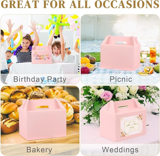 TryDrem 50 Pack Large Gable Boxes with Handles, 9x6x6 Inch Spacious Capacity Party Favor Boxes, Pink Treat Box for Gifts, Bread, Cookies, Lunch, Bakery, Wedding, Birthday, Picnic