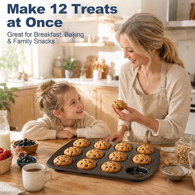 UWILLION Muffin Top Pan, 12 Cavity Nonstick Shallow Cupcake Pan, 3 Inch Carbon Steel Baking Tray, Oven Safe up to 450°F, for Muffin Tops, Eggs, Cornbread, Cookies, Whoopie Pies