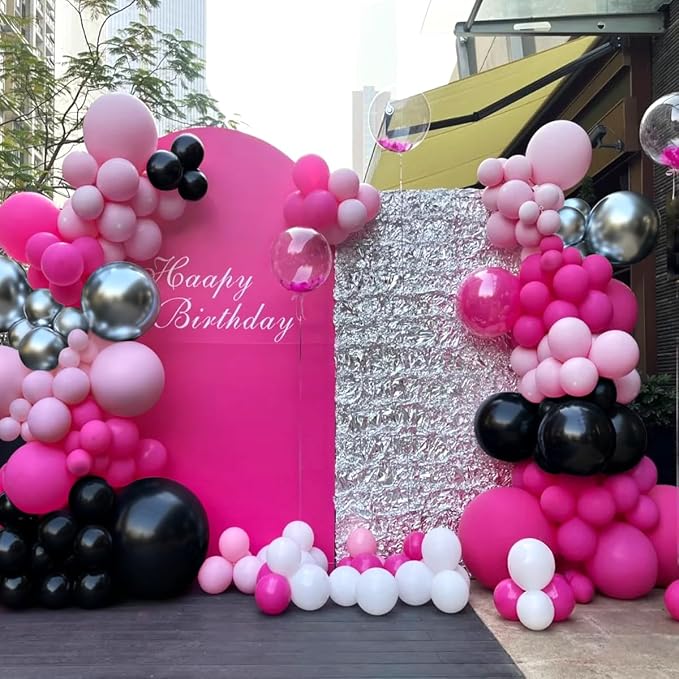 MEBAY Hot Pink Black Silver Balloon Garland Arch Kit, 166Pcs Red Black Pink Silver Balloons for Birthday Graduation Baby Shower Wedding Anniversary Bachelorette Party Decorations