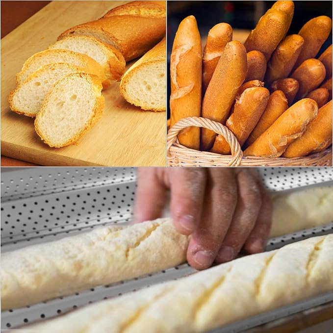 Tiawudi 2 Pack Nonstick Perforated Baguette Pan 15" x 13" for French Bread Baking 4 Wave Loaves Loaf Bake Mold Oven Toaster Pan (Silver)