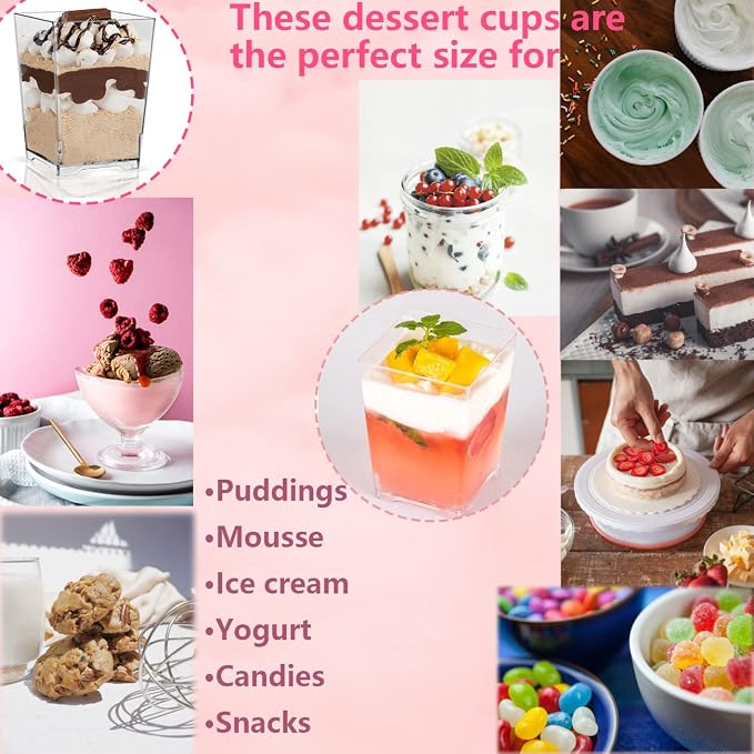 Jnnzzggu 50 Pack 4 oz Square Plastic Dessert Cups with Spoons,Clear Plastic Parfait Appetizer Cup Parfait Cups for Desserts,Appetizers,Ice Cream