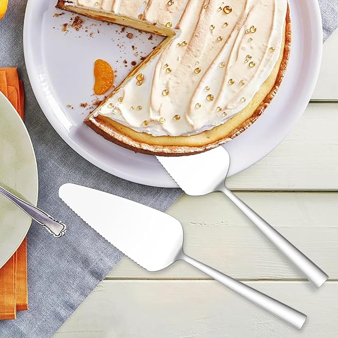 Cake Pie Servers, 9.06" Stainless Steel Wedding Cake Cutter with Serrated Edges, Pie Spatula Pizza Pastry Server Set of 2, Square Handle Cake Cutting Set for Wedding Brithday Party and Events